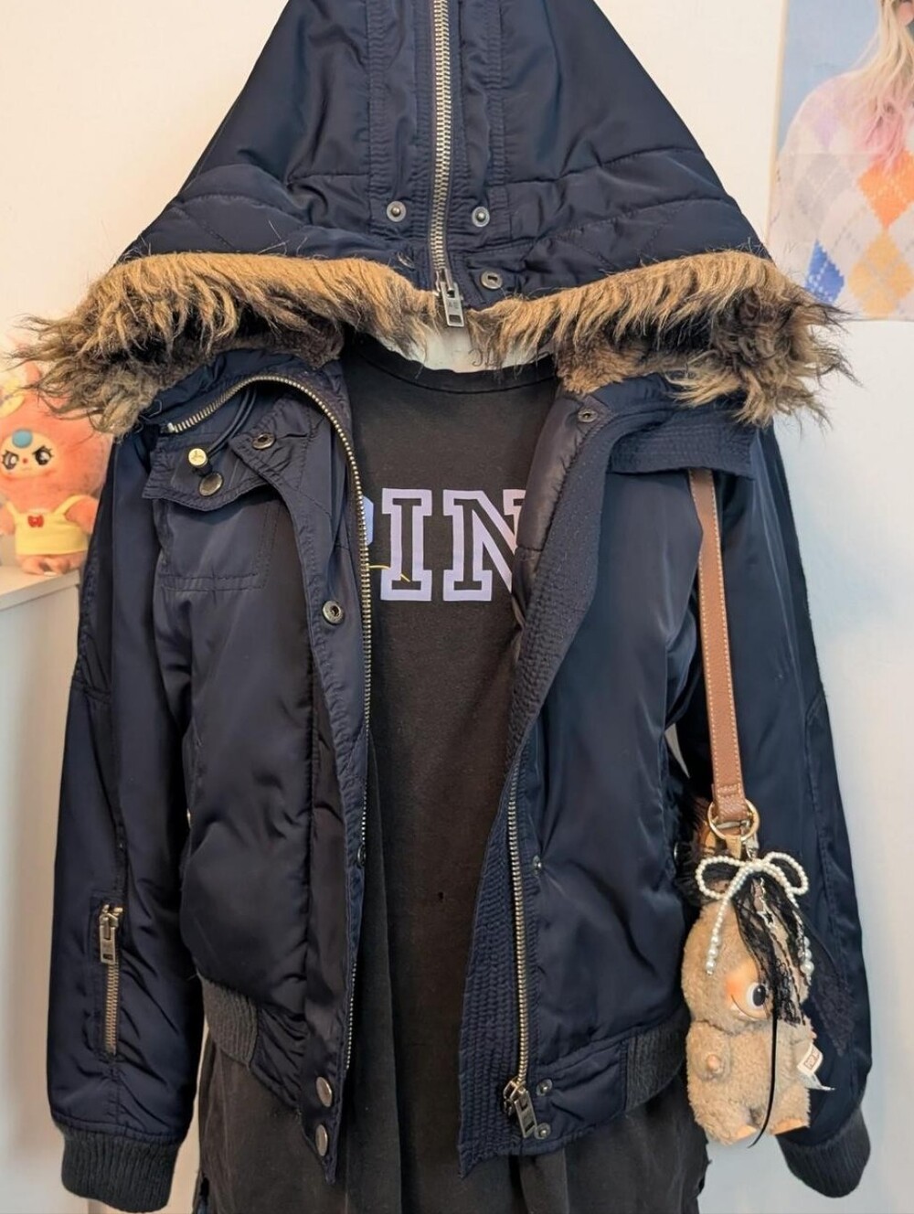 Y2K puffer American eagle jacket with faux fur split hood